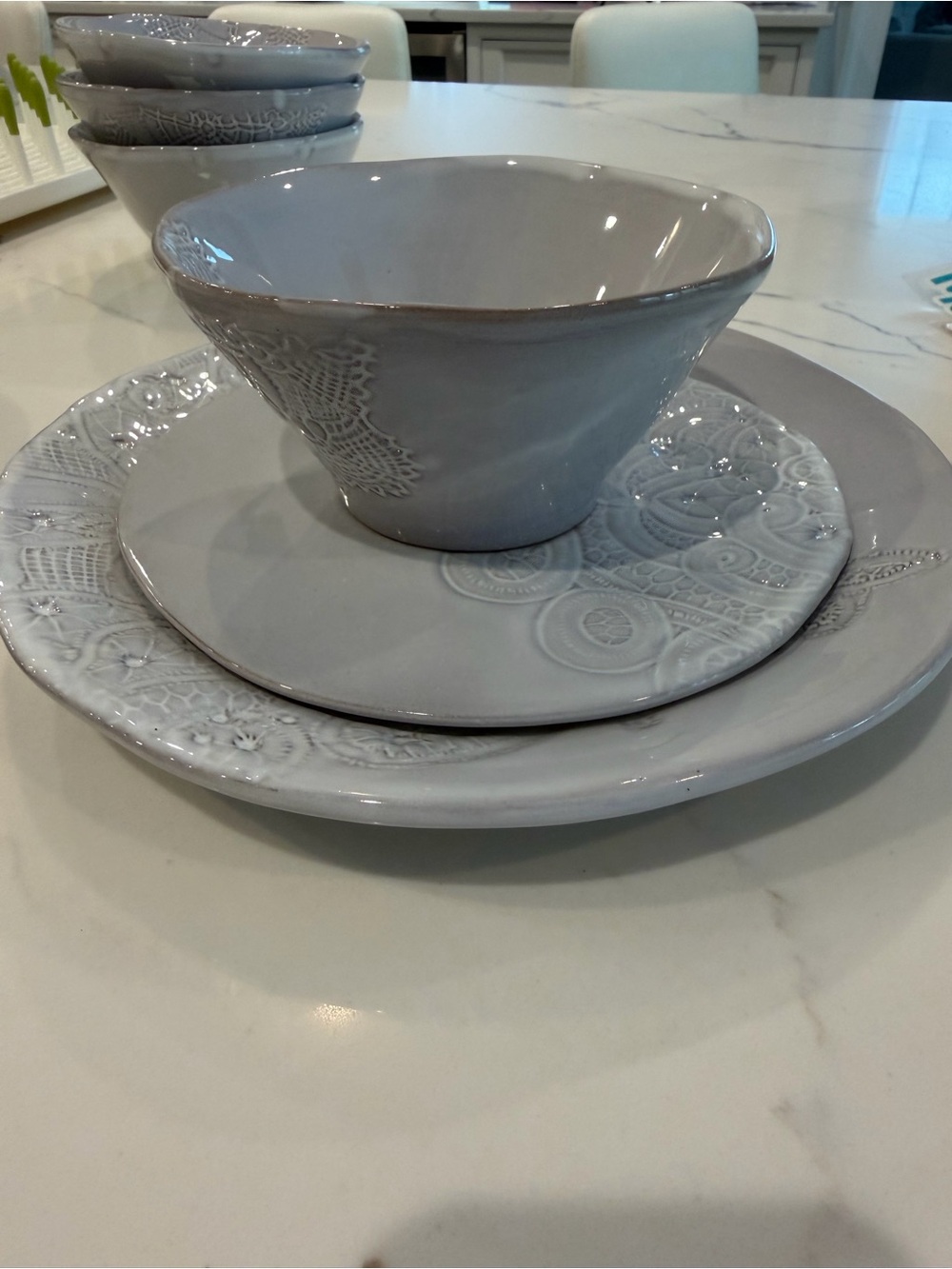 Arhaus Embossed Ceramic Bowl and Plate Set - Elegant Home Dining- service for 4